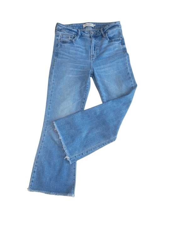 Hidden Denim - Hidden Los Angeles Blue Flare Jeans Raw Hem Stretch Denim Women’s Size 27